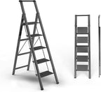 5 Step Ladder, Folding Step Stool, Portable Iron Foldable Black Ladder for 10 Foot High Ceiling with Anti-Slip Wide Sturdy Pedal and Handgrip, Multi-Use for Home (300 lbs Capacity)