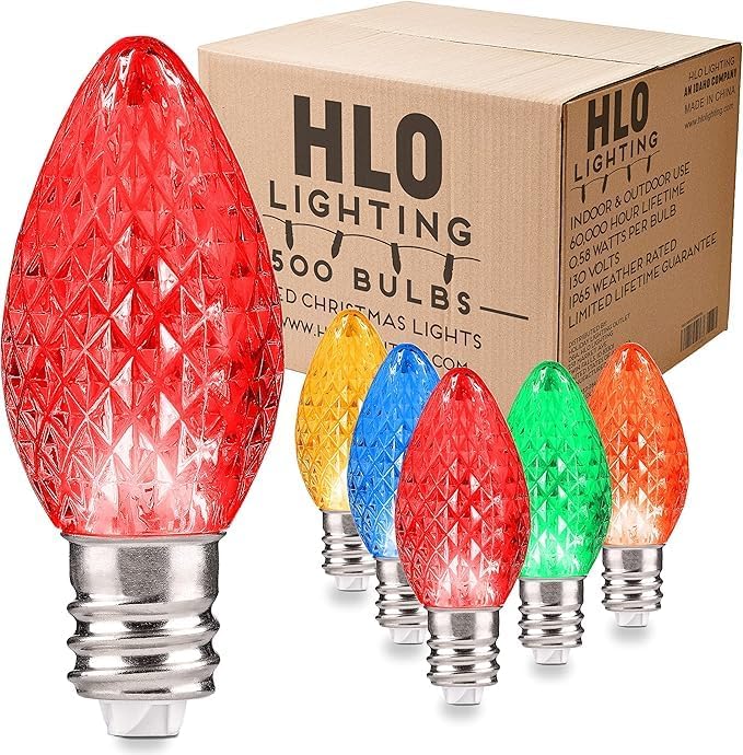 Holiday Lighting Outlet Faceted C7 Christmas Lights | Multi-Colored (R,G,B,Y,O) LED Light Bulbs Holiday Decoration | Christmas Décor for Indoor & Outdoors | 2 SMD LEDs in Each Light Bulb | Set of 500