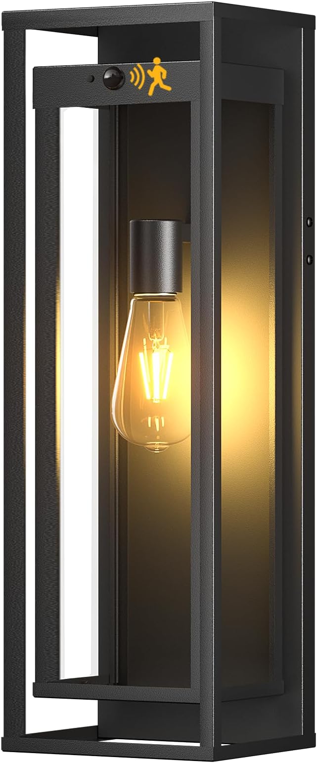 Large Motion Sensor Outdoor Lighting-20in Dusk to Dawn Modern Waterproof Sconce Wall Mounted E26 Black Porch Lights Exterior Lighting Fixture for Coach Doorway Patio