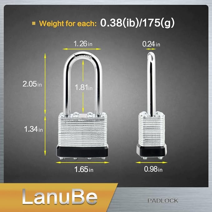 LanuBe Lock Laminated keyed Padlock (1-9/16", 40mm), keyed Alike Locks, Long Shackle,Marked Black Plastic Hoop, Pack of 60