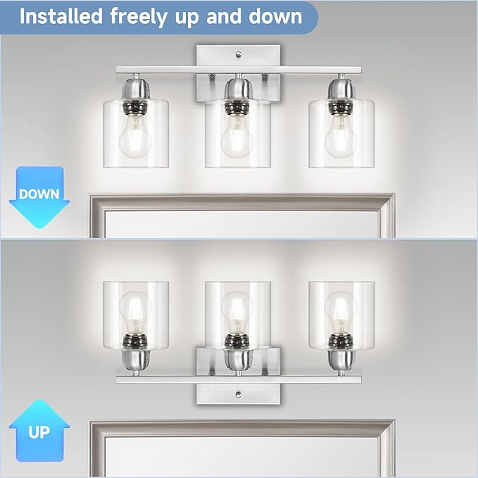 Modern Brushed Nickel 3 Light 19 inch Vanity Lights for Bathroom with Clear Glass, Bathroom Lighting Fixtures Over Mirror for Mirror Kitchen Living Room Hallway Cabinet Porch