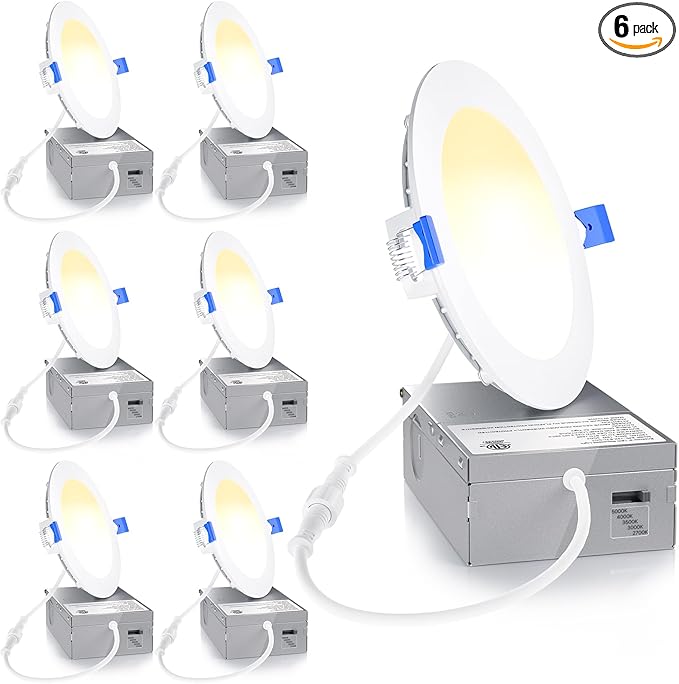 Ensenior 6 Pack 4 Inch LED Recessed Light, Dimmable, 2700K-5000K 5CCT, 750LM High Brightness, 9W 120V, Damp Rated, Ultra-Thin Canless Wafer Ceiling Light - ETL & FCC & IC