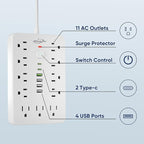 2 Pack 6 FT Flat Plug Surge Protector Power Strip,11 Multiple AC Outlets with 6 USB Ports (2 USB C), 6 Feet Extension Cord, 1250W/10A, One Touch Switch Button, 17 in 1 Compact powerstrip