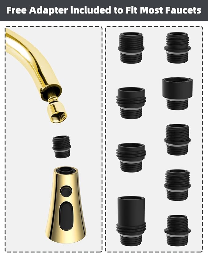Hibbent 3-Function Pull Down Kitchen Faucet Head Replacement with 12 Adapters, NSF/ANSI/CAN 61 & CUPC Certified Sink Spray Nozzle, Compatible with Moen, Delta, Kohler Faucets, Polished Brass