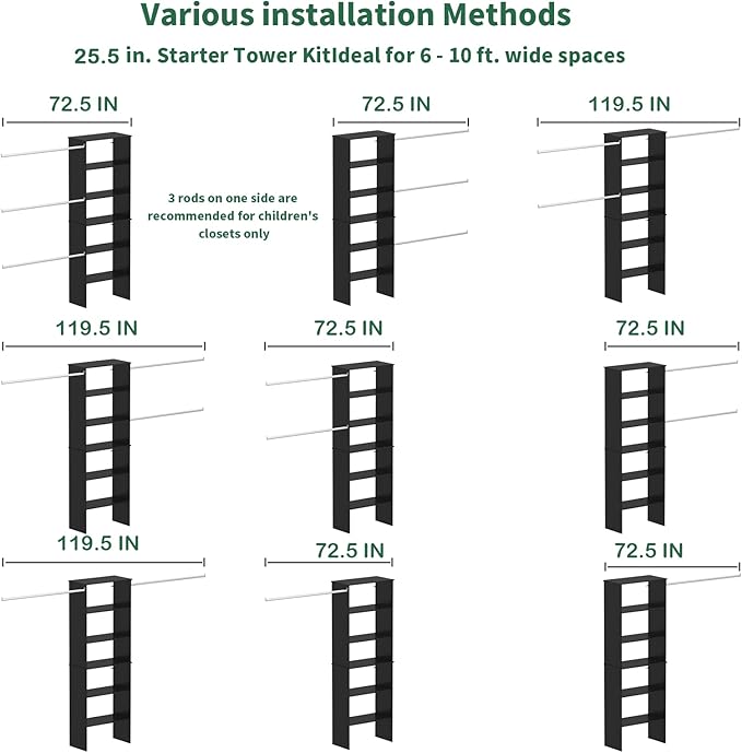 Closet System, 22.5" Wide Organizer with 3 Hanging Rods, Wood Tower Storage for Walk-In Closets, Wall-Mounted Wardrobe Organizer Kit, Black