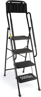 Valeo 4 Step Ladder with Handrails,500 Lbs Capacity,Folding Step Stool Ladder with Attachable Tool Bag,Lightweight & Storage Step Ladder 4 Step Folding,Multi-use for Home,Kitchen,Office,Black