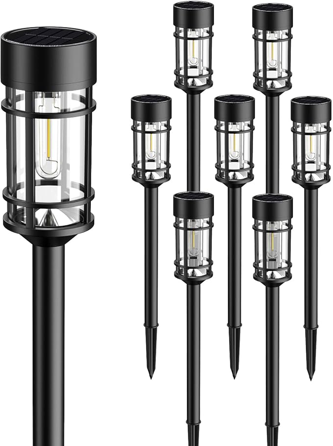 8 Pack Solar Pathway Lights Outdoor, Waterproof Solar Lights Outdoor with Metal & Glass - Auto On/Off, Long-Lasting, Landscape Lighting Garden Decor for Yard, Lawn, Driveway, Walkway