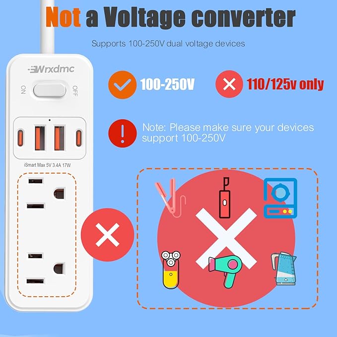 European Travel Plug Adapter, WRXDMC Universal Power Adapter for EU UK DE JP,6 AC Outlets, 4 USB Ports with 5ft Extension Cord, International Power Strip, Compact for Travel, Cruise Ship Must Have
