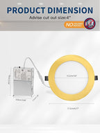 6-inch LED Recessed Lights - Slim Recessed Ceiling Light with Junction Box, 12W 5CCT Canless Lighting Fixture, Dimmable, Easy Install for Bedroom, Kitchen, Living Room, 1 Pack, Shiny Gold