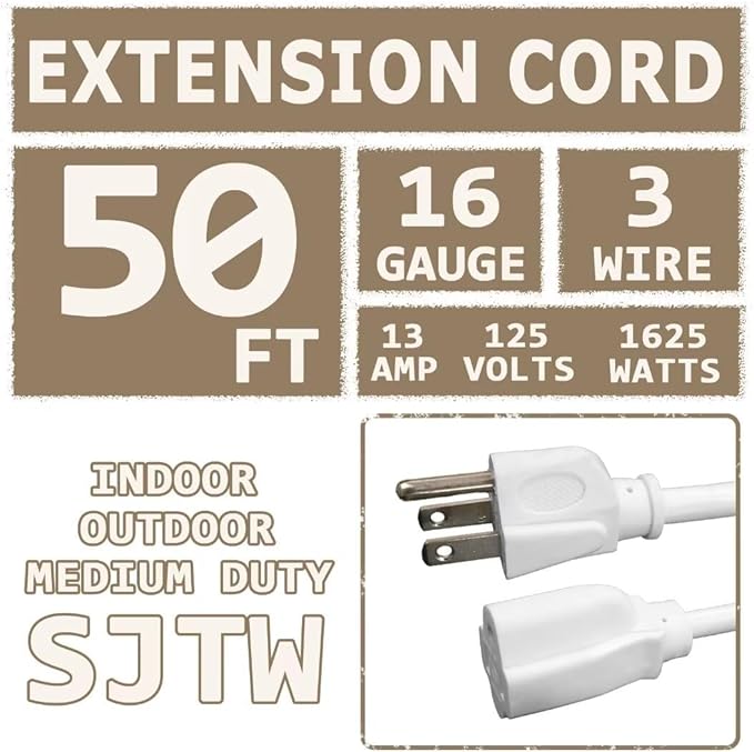 Indoor Outdoor Extension Cord 50 FT Waterproof, 16/3 Gauge Heavy Duty White Extension Cords, 13A 1625W SJTW Extension Cord with 3 Prong Grounded Plug, Great for Tools, Lights, UL Listed.
