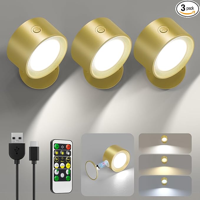 Lightbiz LED Wall Lights 3 Pcs with Remote, Sconces Lamp Rechargeable Battery Operated, 3 Color Temperatures & Dimmable Magnetic 360° Rotation Cordless for Bedroom Bedside