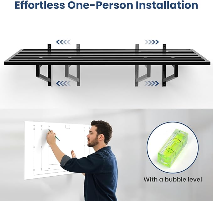 1-Pack Garage Wall Shelves, 2' x 4' Heavy Duty Wall Mounted Storage Rack with 3 Hooks, 250 lbs Capacity, Steel Garage Organization Shelving for Tools, Bins, and Power Equipment