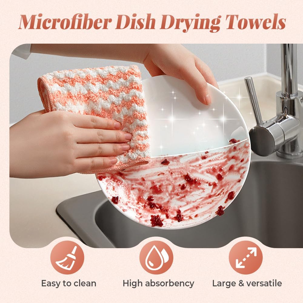 Coral Fleece Striped Rag Cleaning Dish Cloth, Reusable and Washable Microfiber Cleaning Rag, Absorbent Streak Free Lint Free Rags, Kitchen Clean Towels for Scrubs Dishes, Sinks Cleans (Pink, 5PCS)