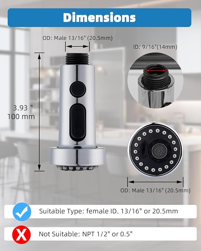 Hibbent Kitchen Faucet Head Replacement, Pull Down Sink Spray Nozzle with 3 Function, G1/2 or 13/16 Inch Male Connector (Only for G1/2 Connector, Chrome)