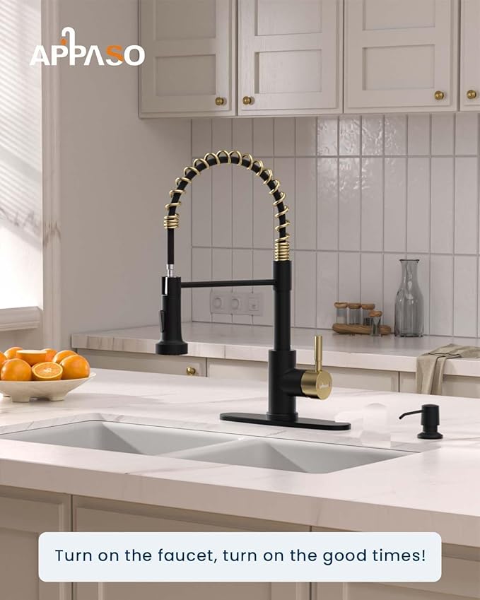 APPASO Black and Gold Kitchen Faucet with Soap Dispenser, Pull Down Kitchen Faucet Commercial Single Handle High Arc Tap for Sink, Farmhouses, RV, Laundry Room, Outdoor