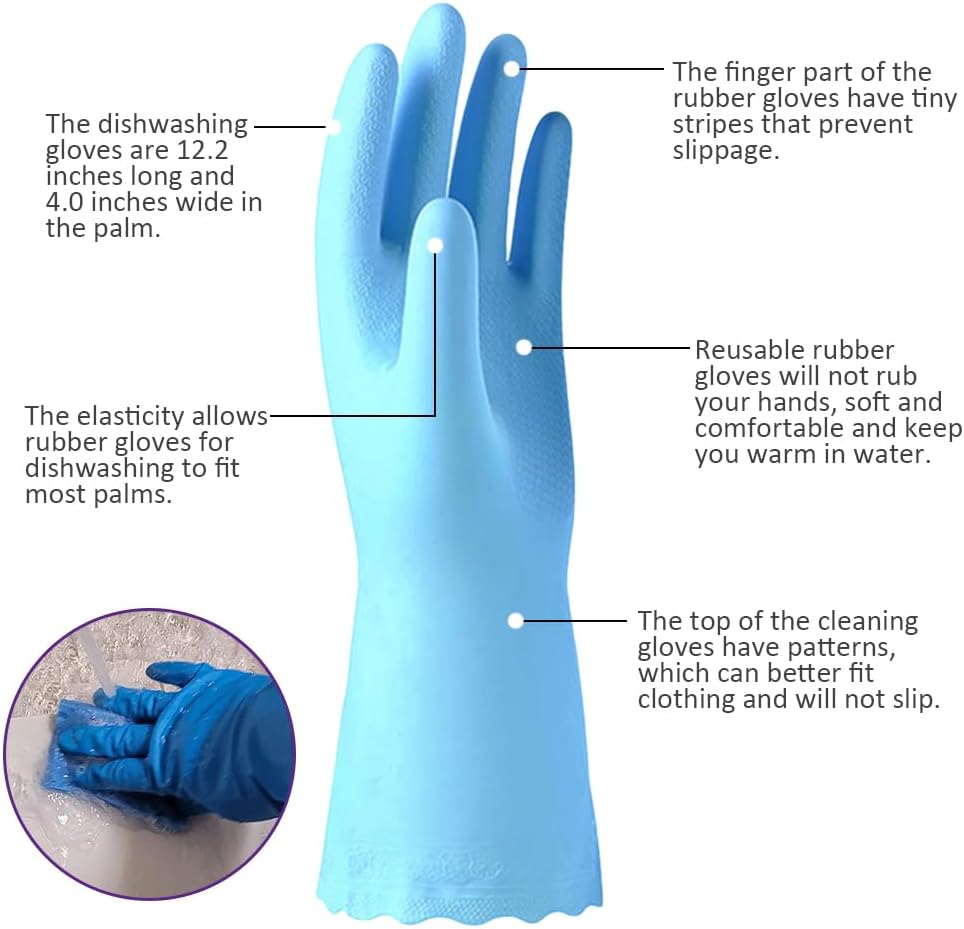 Alimat PluS 4PCS Reusable Cleaning Gloves Latex Free, Dishwashing Gloves with Cotton Flock Liner and Embossed Palm, Waterproof Household Rubber Gloves for Laundry, Gardening(Medium, Blue+Purple)