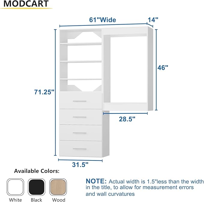 Modular Closet Organizer, 61" Wide Tower and Drawers, White Walk In Closet Storage, Wall Mounted Wardrobe Organizer Kit