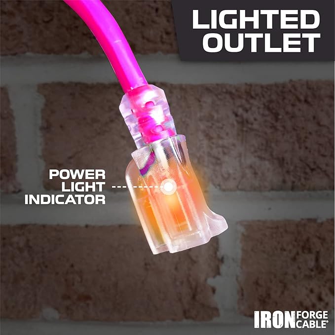 Iron Forge Cable Weatherproof 15 Ft Outdoor Extension Cord - 16/3 SJTW 13 Amp Heavy Duty Neon Pink Extension Cord 3 Prong - Lighted End