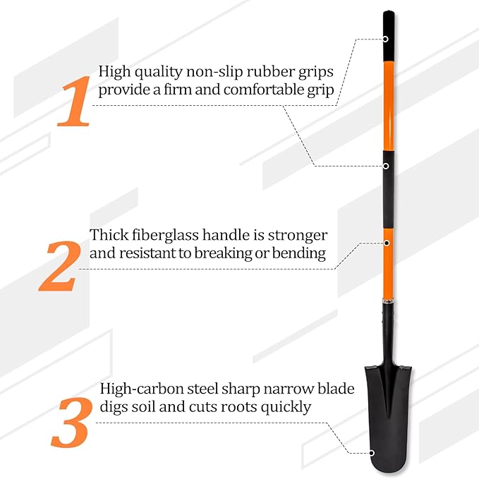 VNIMTI Heavy Duty Shovel with Fiberglass Handle for Digging and Gardening, Metal, 58 Inches