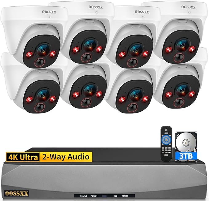 OOSSXX (4K HD & 130° Ultra Wide-Angle) 2-Way Audio 8MP Wired Dome, 8Pcs PoE IP Cameras for Home Security Outdoor Camera System, Pet Surveillance Video Indoor, Smart PIR Detection, DVR Kits