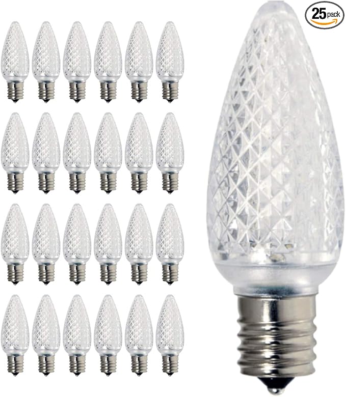 GoodBulb 0.6-Watt C9 Clear Diamond Faceted Holiday Light Bulbs | Clear LED Bulb | Intermediate E17 Base 60 Lumens | Warm White Color | Christmas Holiday Decorations | Pack of 25 Bulbs