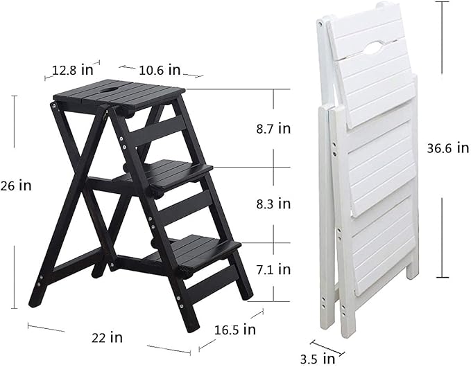 KINGBO Step Stool for Adults/Step Ladder/Counter Chair, 3-Step Folding Portable Wooden Step Stool, Anti-Slip & Lightweight (Black)