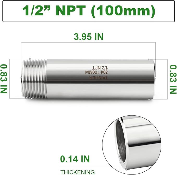 TAISHER 2PCS 304 Stainless Steel Pipe Fittings, 1/2" NPT Male Threaded, 4" Length Weld Nipple Cast Pipe