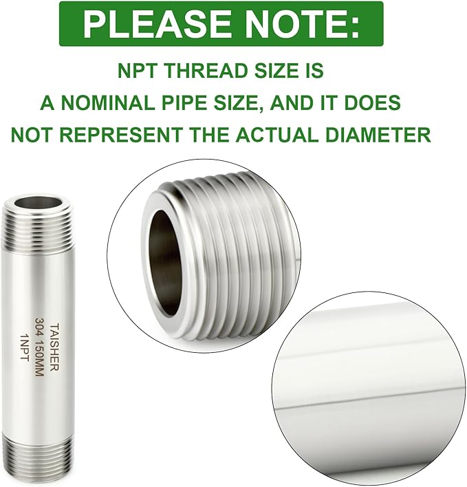 TAISHER 2PCS Stainless Steel Pipe Fittings, 1" NPT Male x 1" NPT Male Threaded, 6" Length Thickened Nipple Cast Pipe