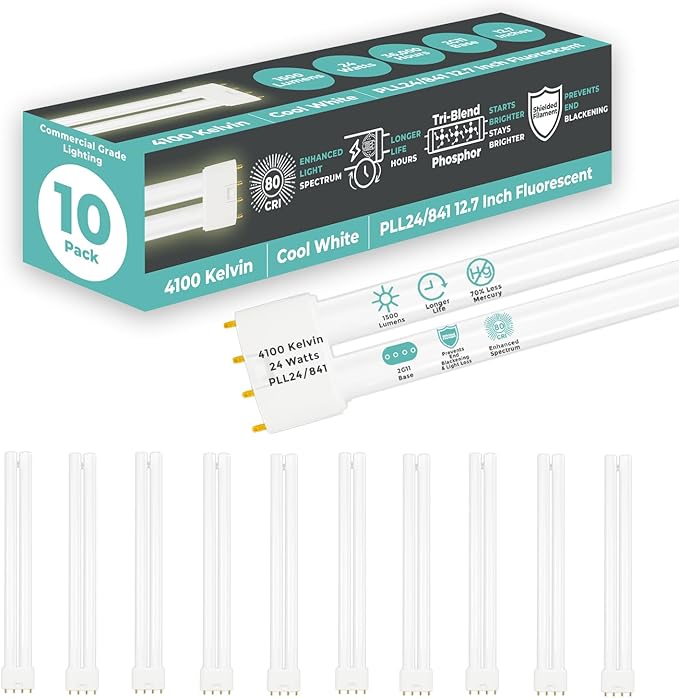 GoodBulb PLL24/841 24W 12.7" Twin Tube Compact Fluorescent Light Bulb 4-pin 2G11 Base 4100K Cool White 1500 Lumen 36000 Hour Long Life Biax Pack of 10