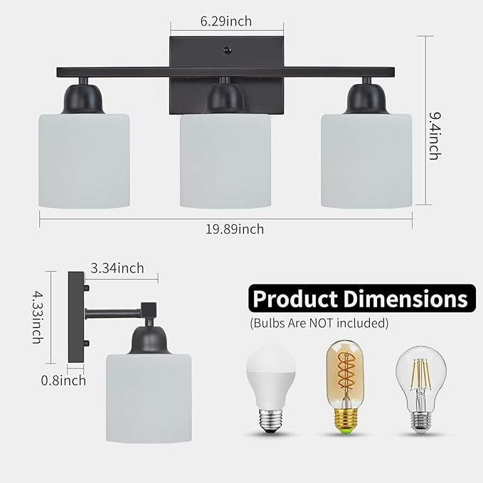 3-Light Bathroom Light Fixtures, Black Bathroom Vanity Lights with Milky White Frosted Glass Shades, Black Vanity Light for Bathroom Mirror, Bedroom, Living Room, Vanity Table, E26 Base
