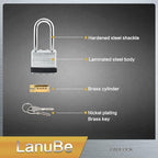 LanuBe Lock Laminated keyed Padlock (1-9/16", 40mm), keyed Alike Locks, Long Shackle,Marked Black Plastic Hoop, Pack of 100