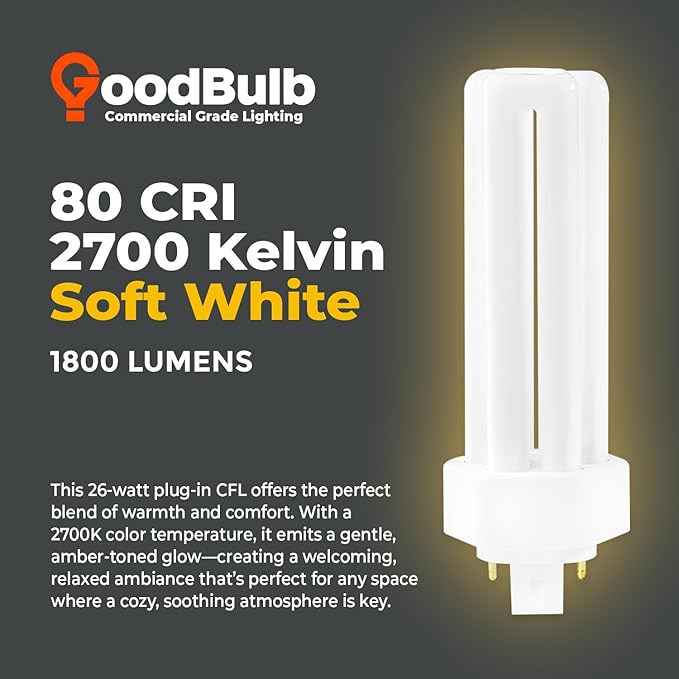 GoodBulb 26 Watt CFL Light Bulbs 4 Pin GX24Q-3 Base 2700K Soft White 26W High Output 1800 Lumens Triple Tube Compact Fluorescent Light Bulbs Plug-in 10 Pack