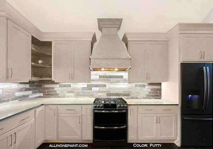 ALL-IN-ONE Paint, Durable cabinet and furniture paint. Built in primer and top coat, no sanding needed. Includes our 30 featured color card - Putty (light taupe), Gallon