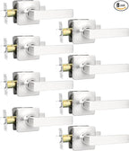 GOBEKOR Passage Door Levers Brushed Nickel Square Interior Door Handles Keyless Hall Closet Door Locks, 8 Pack