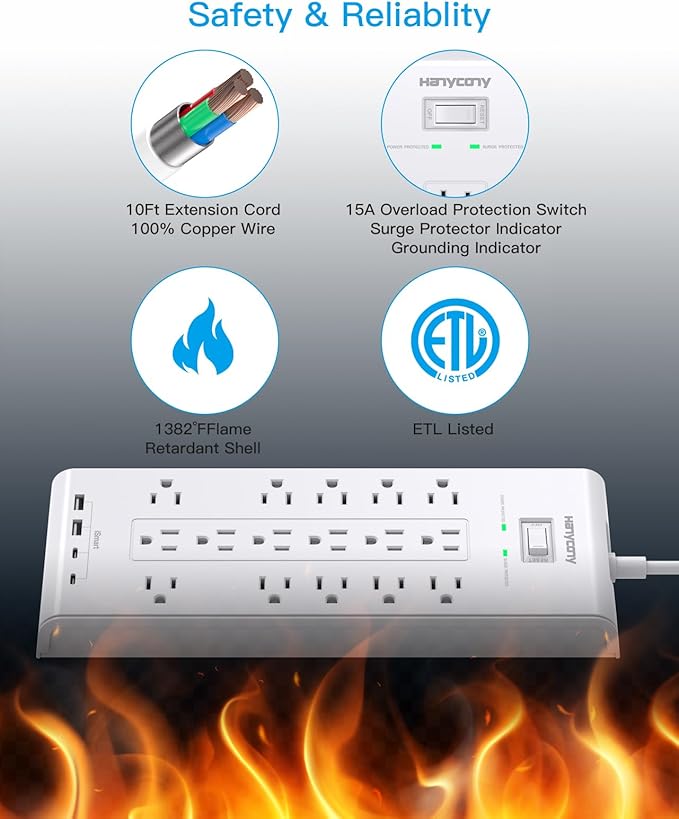 16 Outlets Surge Protector Power Strip, HANYCONY 5 Ft Flat Plug Heavy Duty Extension Cord with 16 Outlets 4 USB Ports(2 USB C), 2700 Joules, Wall Mount for Home Office, ETL Listed, White