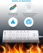 HANYCONY Surge Protector Power Strip 10 Ft, 16 Outlets 4 USB Ports(2 USB C), Flat Plug Heavy Duty Extension Cord, 2700 Joules, Wall Mount for Home Office, ETL Listed, White