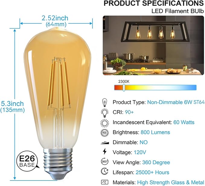 Jensense Edison LED Light Bulbs E26 Bulb 60 watt Equivalent Dimmable Light Bulbs 2300K Warm White (Amber Glass) Vintage 7W Edison Bulbs 110V 120V 800 Lumen CRI90, 8 Pack