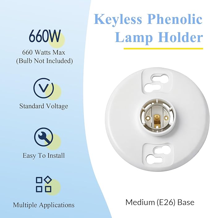 6 Pcs Medium Base E26 Lamp Holder Ceiling Light Sockets White Bulb Socket Incandescent Fluorescent CFL Lamp Holder 660w 250v (Phenolic Resin)