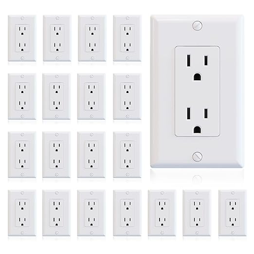ELEGRP Glossy White Decorator Receptacle, 15A 125V Standard Electrical Wall Outlet, 2 Pole 3 Wire, Non-Tamper Resistant, NEMA 5-15R, Self-Grounding Residential Grade, w/Wall Plate, UL, 20 Pack