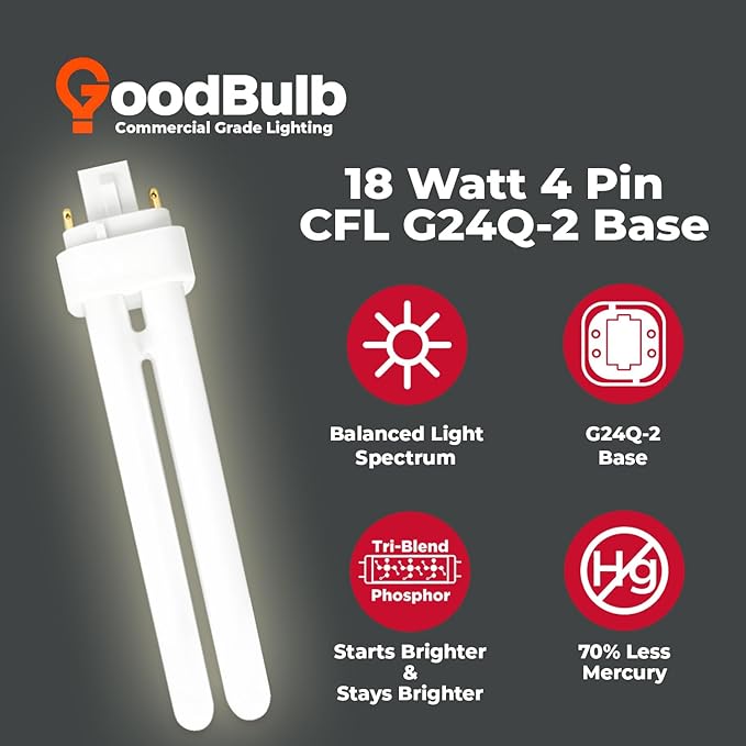 GoodBulb 18 Watt CFL Light Bulbs 4 Pin G24Q-2 Base 3500K Neutral White 18W High Output 1200 Lumens Double Tube Compact Fluorescent Light Bulbs Plug-in 10 Pack
