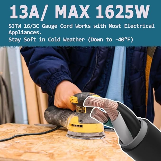 Indoor Outdoor Extension Cord 8 FT Waterproof, 16/3 Gauge Heavy Duty Black Extension Cords, 13A 1625W SJTW Extension Cord with 3 Prong Grounded Plug, Great for Tools, Lights, UL Listed, 2PK