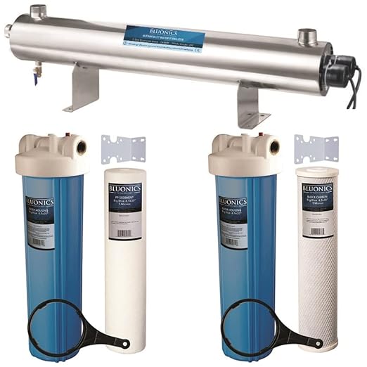 Bluonics 110W UV Water Ultraviolet 24GPM Plus Sediment and Carbon Well Water Purifier System Size 4.5" X 20" Filters for Large Home and Commercial