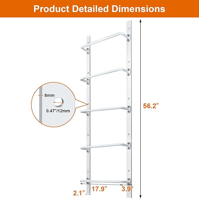 5-Rung Heavy Duty Steel Fire Escape Ladder, Powder-Coated Basement Egress Window Ladder, Wall Mounted, 56.2" L x 17.9" W, White