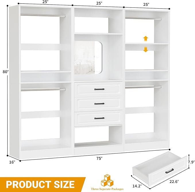 Unikito 75" Modular Closet Organizer System with Mirror & Drawers, 3-in-1 Freestanding Wardrobe Tower with Adjustable Shelves & Hanging Rods, Heavy-Duty Bedroom Storage for Walk-in Closets, White