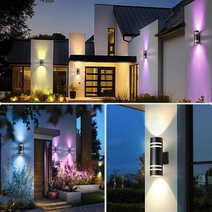 KIZON Smart Porch Lights 2 Pack, Modern Dusk to Dawn Outdoor Wall Lights Color Changing, Dimmable RGB Exterior Sconce Up and Down Light, Outside Lights for House Garage, Works with Alexa, ETL Listed