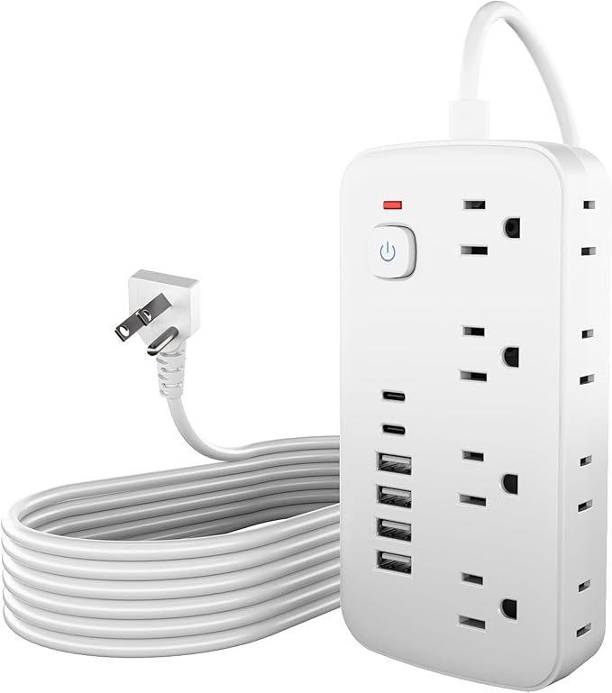 Surge Protector Power Strip - 8 AC Outlets & 6 USB Ports (4A/2C), 1080J Extension Cord with Multiple Outlets, 2-Sided Outlet Extender, 10FT Extension Cord, Wall Mount for Travel, Dorm Room