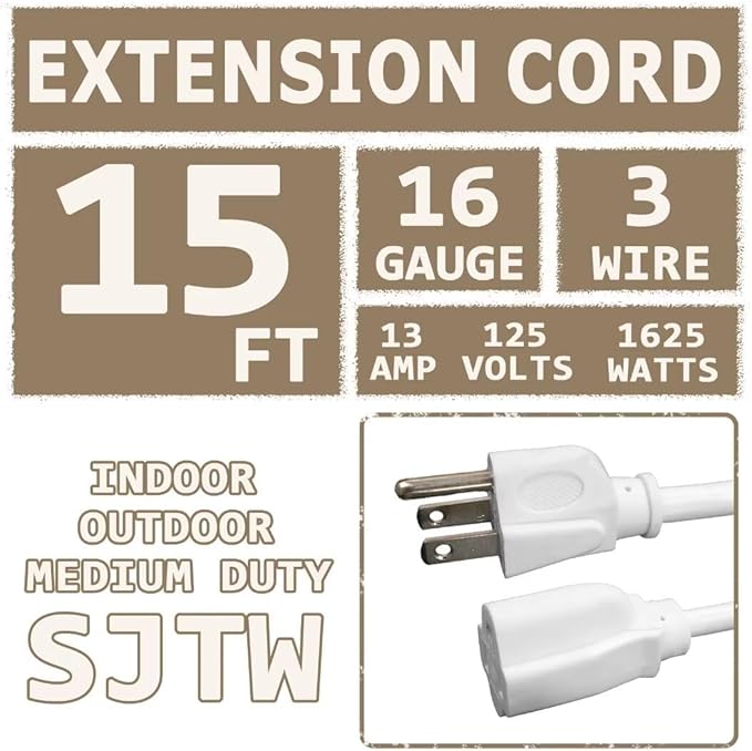 Indoor Outdoor Extension Cord 15 FT Waterproof, 16/3 Gauge Heavy Duty White Extension Cords, 13A 1625W SJTW Extension Cord with 3 Prong Grounded Plug, Great for Tools, Lights, UL Listed.