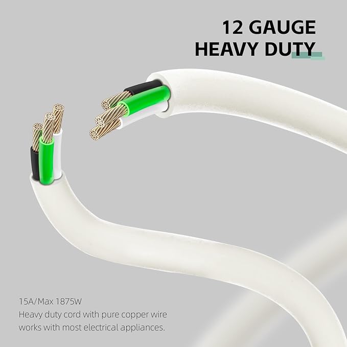 6 Ft Outdoor Extension Cord - 12/3 SJTW Heavy Duty White Extension Cable with 3 Prong Grounded Plug - Power Cord for Lawn, Garden, Appliances