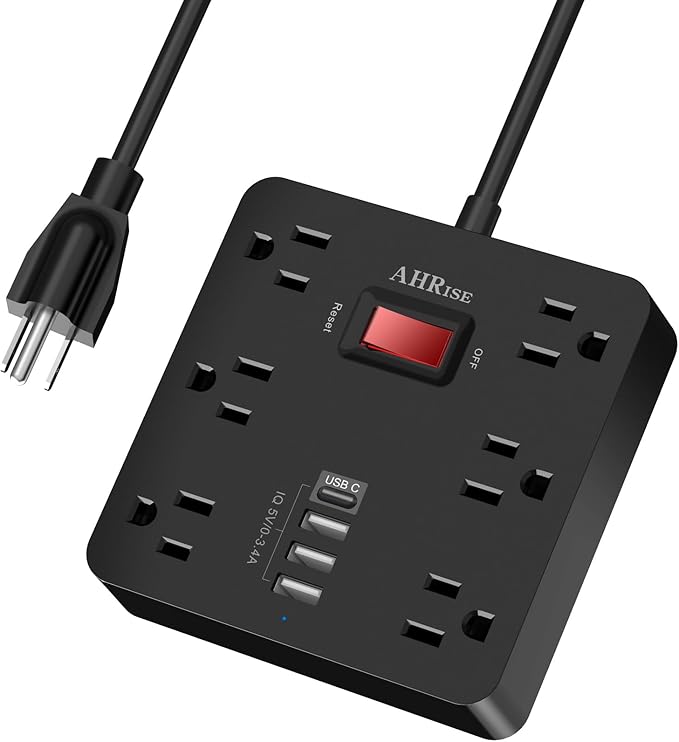 Power Strip, AHRISE Extension Cord with 6 AC Outlets and 4 USB Charging Ports(5V/3.4A,17W) for Smartphone Tablets Home, Office, Hotel, Cruise Ship, 5 Feet Long Cord, ETL Listed -Black