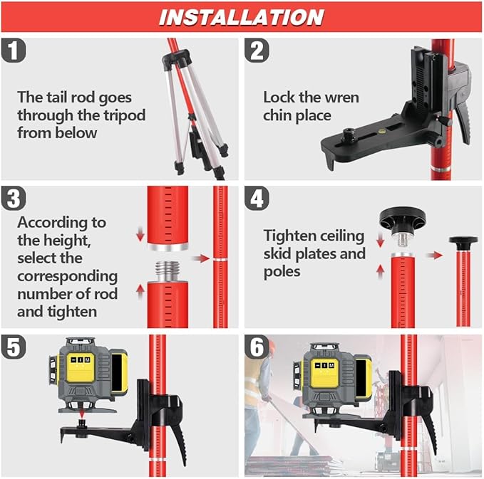 MOETER 12 Ft./3.7M Telescoping Laser Level Pole, Adjustable Laser Pole with Tripod, 1/4"-20 and 5/8"-11 Threaded Adapter of Rotary and Line Lasers
